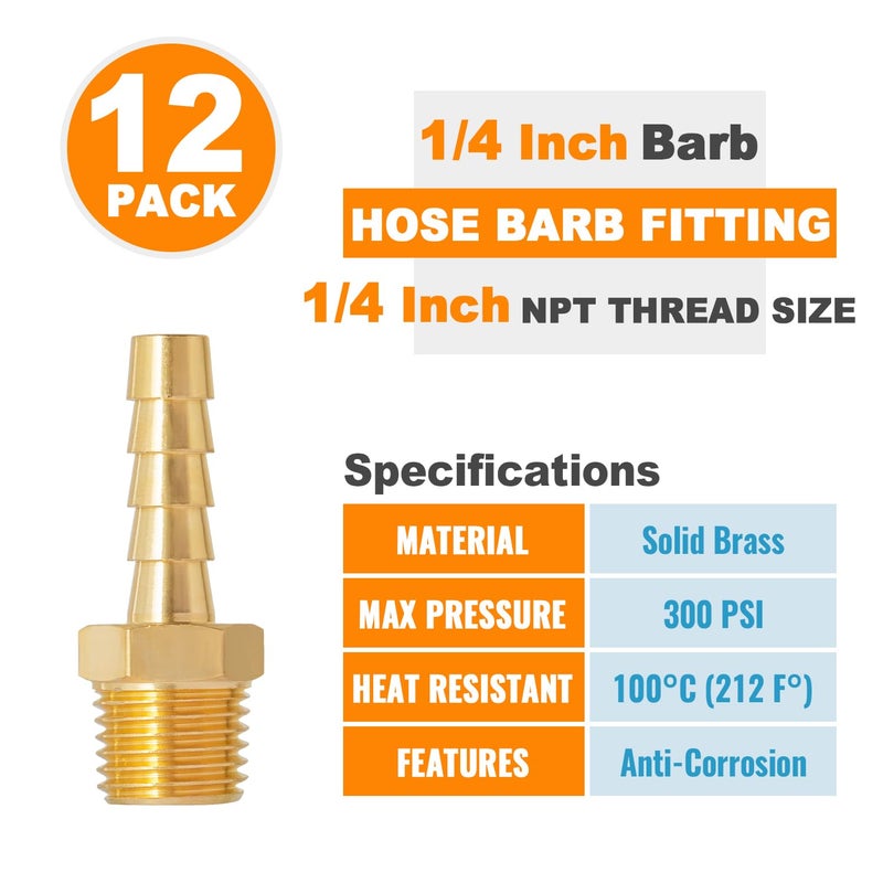 SUNGATOR 12-Pack 1/4'' Air Hose Fittings, Brass Hose Barb Fittings, 1/4 Inch NPT Male Pipe to 1/4'' Barb End Aadapter, Brass 1/4'' Air Line Repair Kit for Compressor, Gas, Auto Shop - Image 4